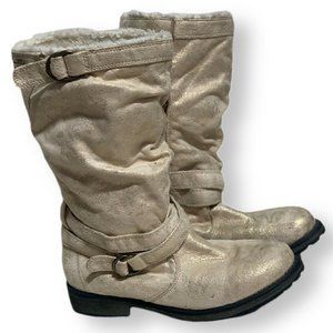 Women's Roxy Surf Co. Boots Size 8 Tan Glitter Zip & Buckle Fur Lady's Heel